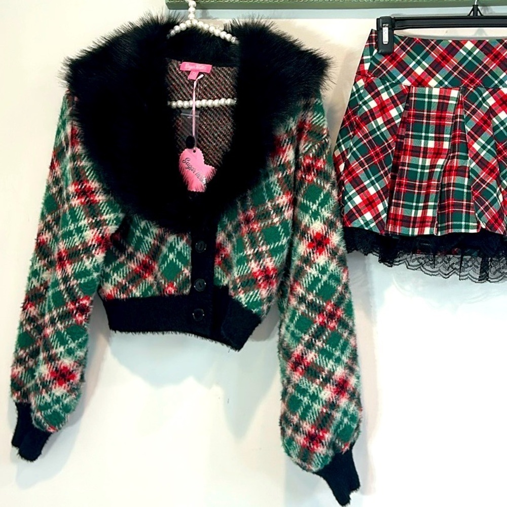 Sugar Thrillz Festive Plaid Cardigan with Black Faux Fur